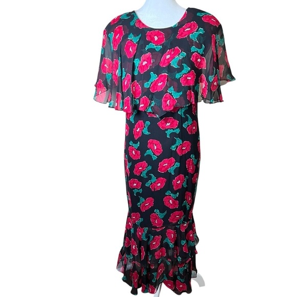 Vintage JOANIE CHAR 100% Silk Ruffled Floral Dress Red Black Chiffon Maxi Size 6 - Picture 1 of 9